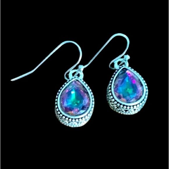 Iridescent Teardrop Earrings, Prism Glass Crystal, Vintage Boho Balinese Style - Picture 1 of 11
